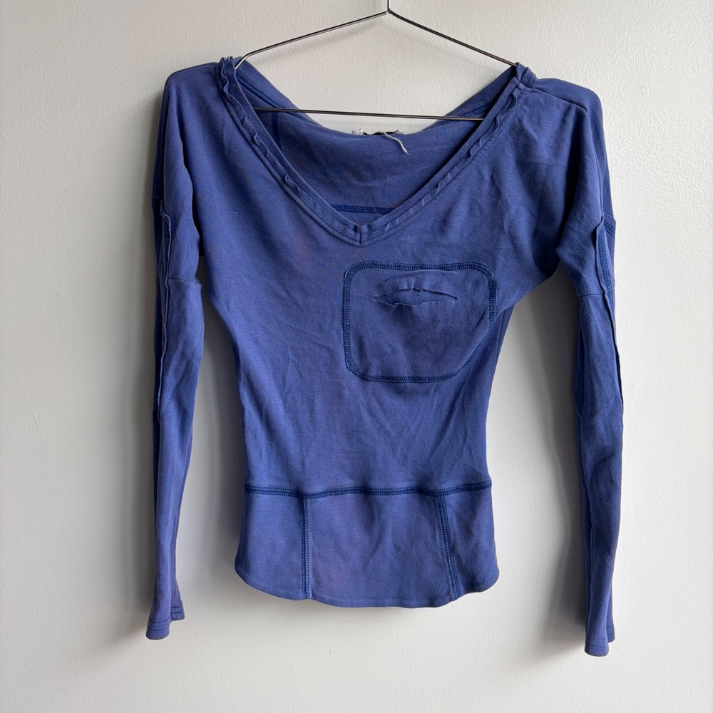 DIAB'LESS Womens Long Sleeve V-Neck Pocket Top Blue Fairycore Y2K